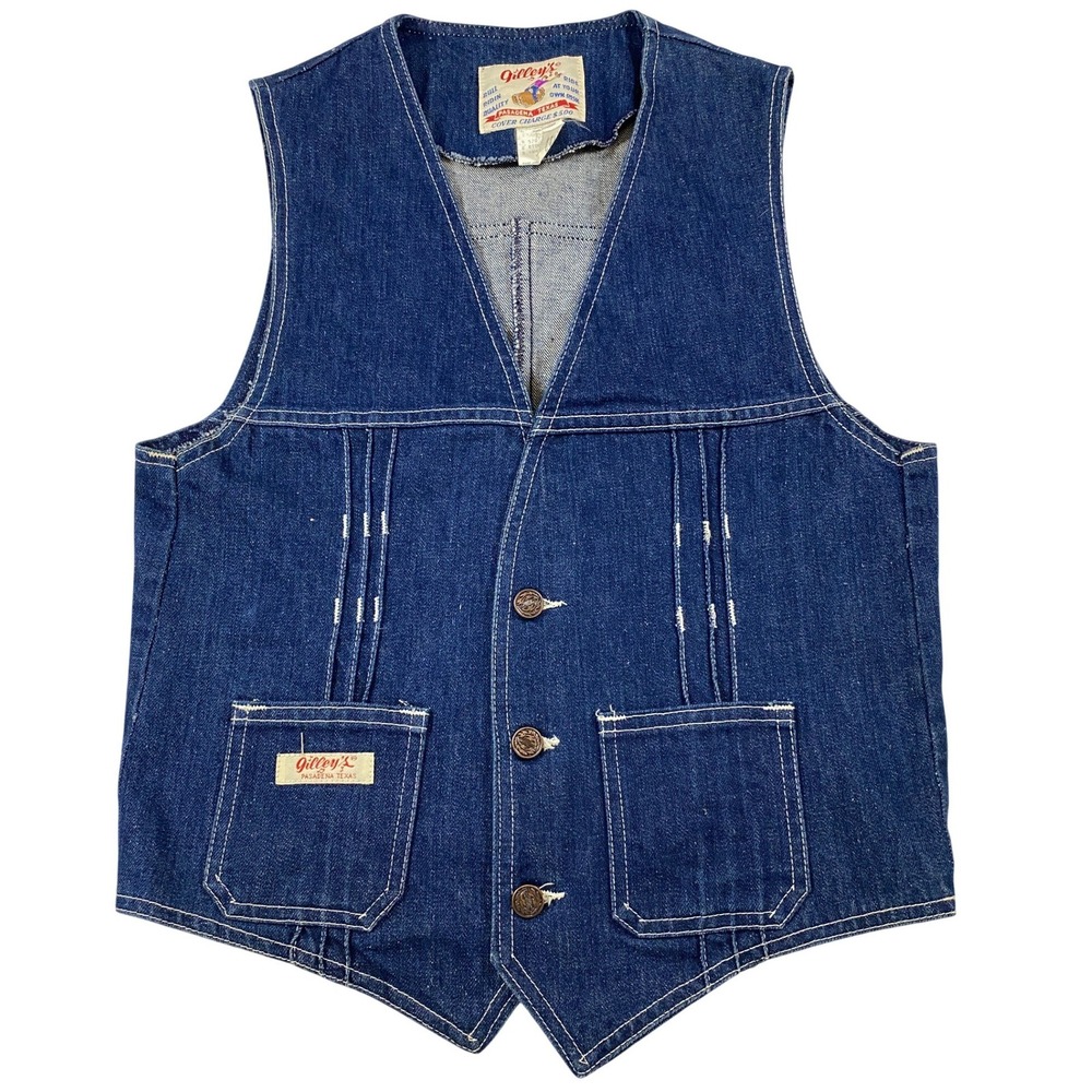 Vintage Gilleys Pasadena Texas Denim Western Vest Blue Mens Small Bull Riding